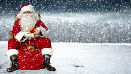 Санта Клаус с подарками на Новый Год, скачать новогодние обои андроид