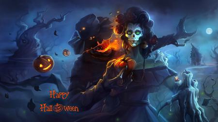 Зомби женщина с тыквой, обои на тему хэллоуин