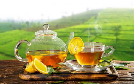 полезные напитки картинки, зеленый чай, лимон, поднос