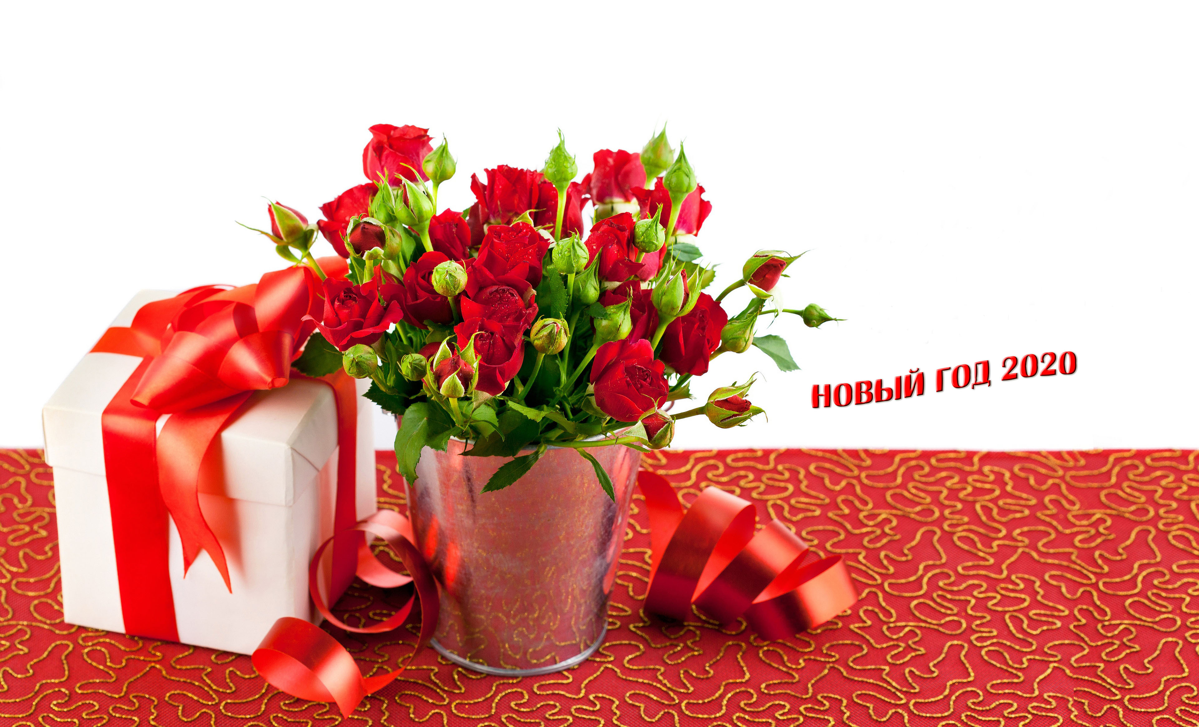 HDoboi.Kiev.ua - Новогодний подарок с розами, красивые обои нового года 2020
