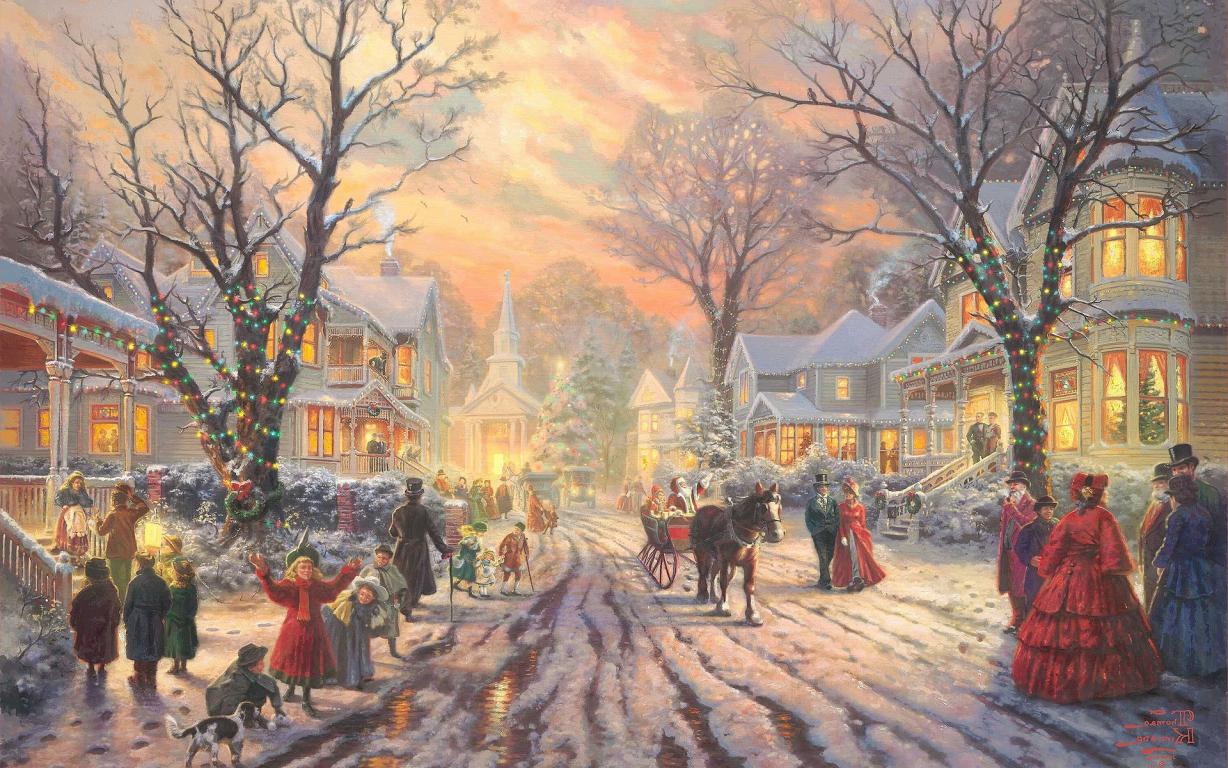 Яркие Рождественские огни в деревне, новогодние обои на Рождество, 1920 на 1200 пикселей