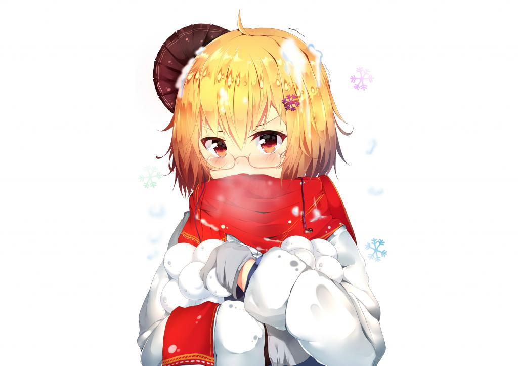 Аниме девушка со снежками в руках, хентай обои, 3508 на 2480 пикселей