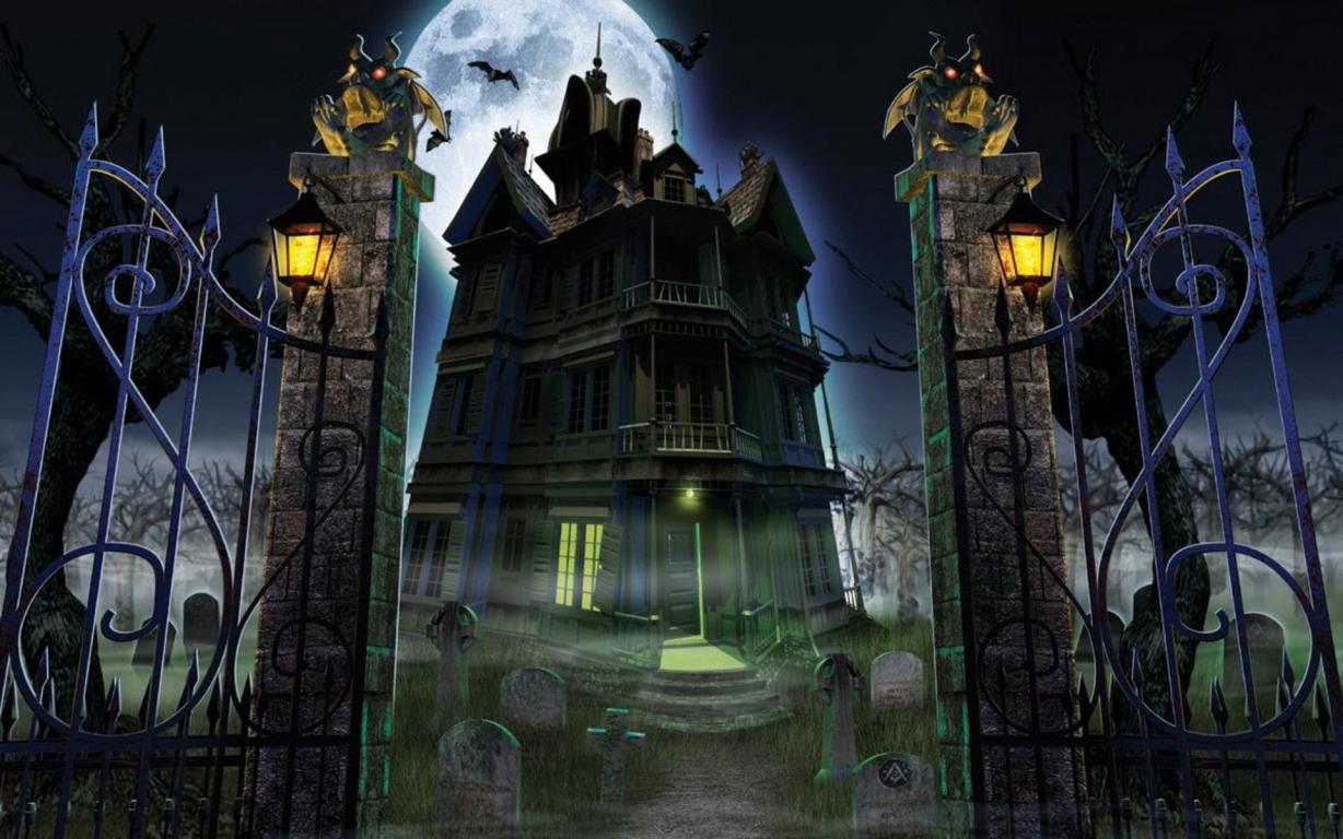 Хэллоуин, замок, полнолуние, кладбище, 1920 на 1200 пикселей