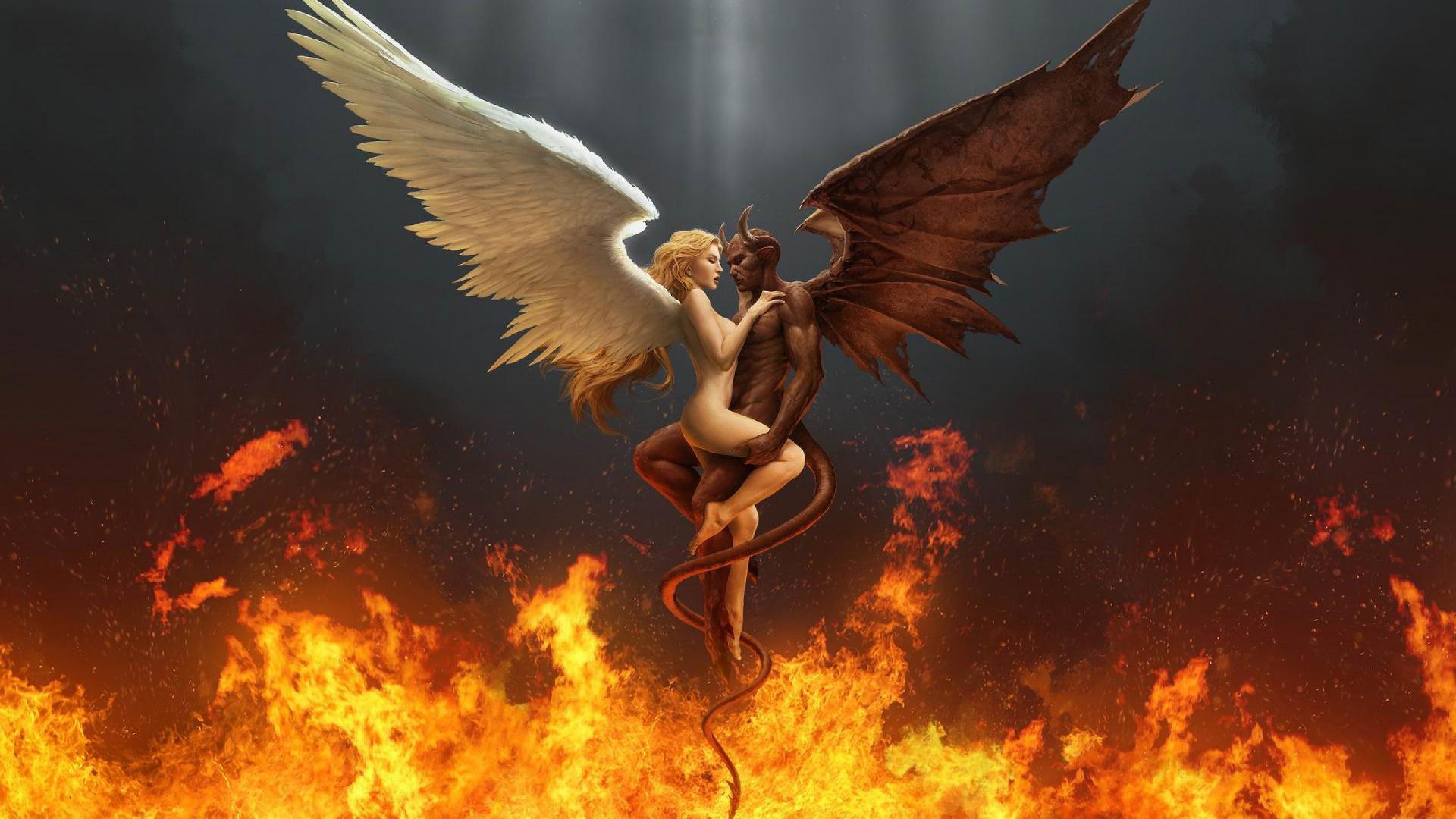 Ангел и Демон в огне, обои на рабочий стол 3д, 2560 на 1440 пикселей
