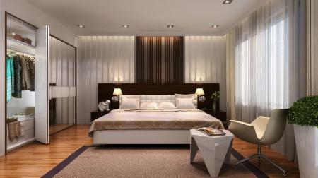 Дизайн интерьера просторной спальни, кровать, шкаф