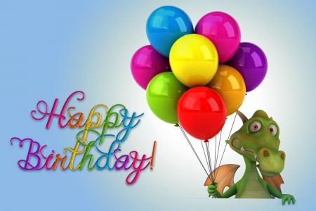 Зеленый дракоша с шариками в День рождения, прикольные картинки с надписями обои