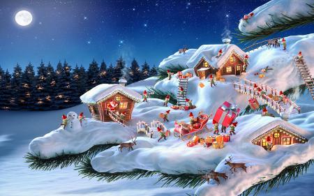 Санта Клаус и его рабочие ельфы в миниатюре, рождественские обои вертикальные