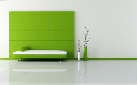 Зелено-белый интерьер с белыми стенами, full hd обои