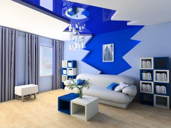 Гостиная комната в серо синих тонах, интерьер