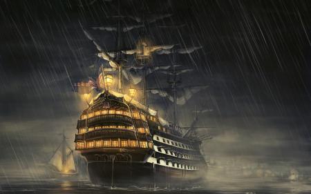 Старый корабль в тумане из мира фэнтези