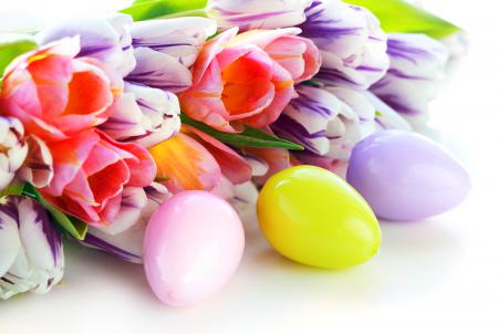 Крашеные яйца и разноцветные тюльпаны на Пасху