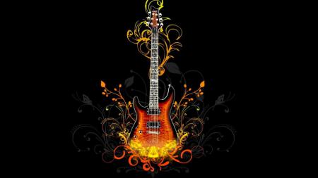 Гитара с оранжевым рисунком на черном фоне, музыка