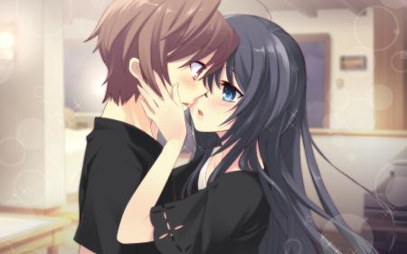 Парень и девушка нежно целуются, аниме обои на ноутбук